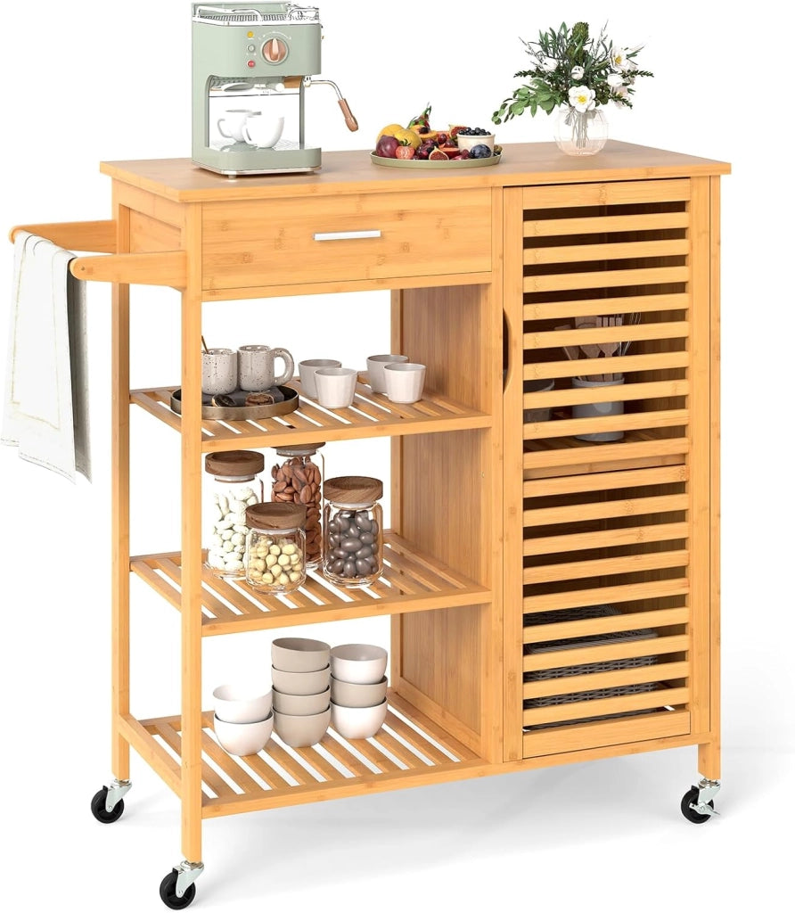 Carrello da Cucina con Ruote, Carrello Credenza in Bambù con Piano Spazioso, Cassetto, 3 Ripiani, Armadietto e Portasciugamani per Cibo, Stoviglie e Utensili da Cucina