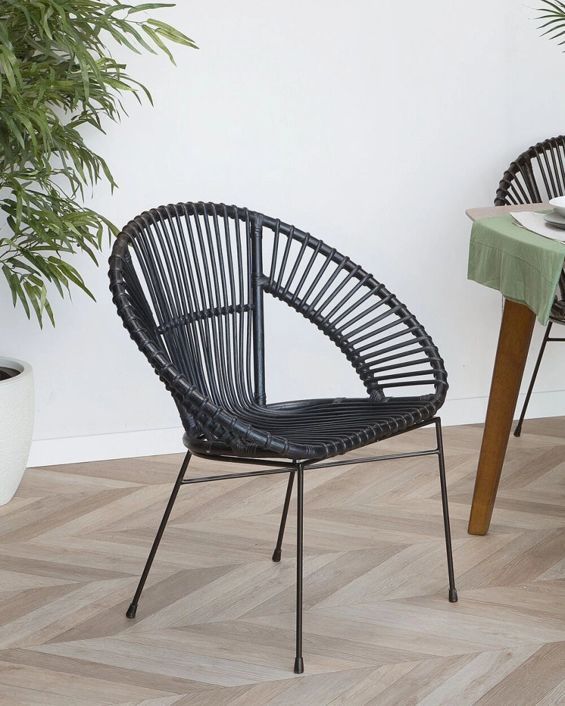 Poltrona Rattan Vimini Nero Gambe in Metallo Nero Papasan Soggiorno Sala da Pranzo