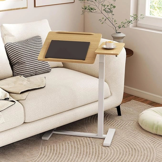 Tavolo per Computer, Tavolino Portatile e Regolabile in Altezza con Piano Inclinabile e 2 Fermi, Desk a Forma di C con Ruote per Camera da Letto e Ufficio, 68 x 49 x 70-103,5 cm
