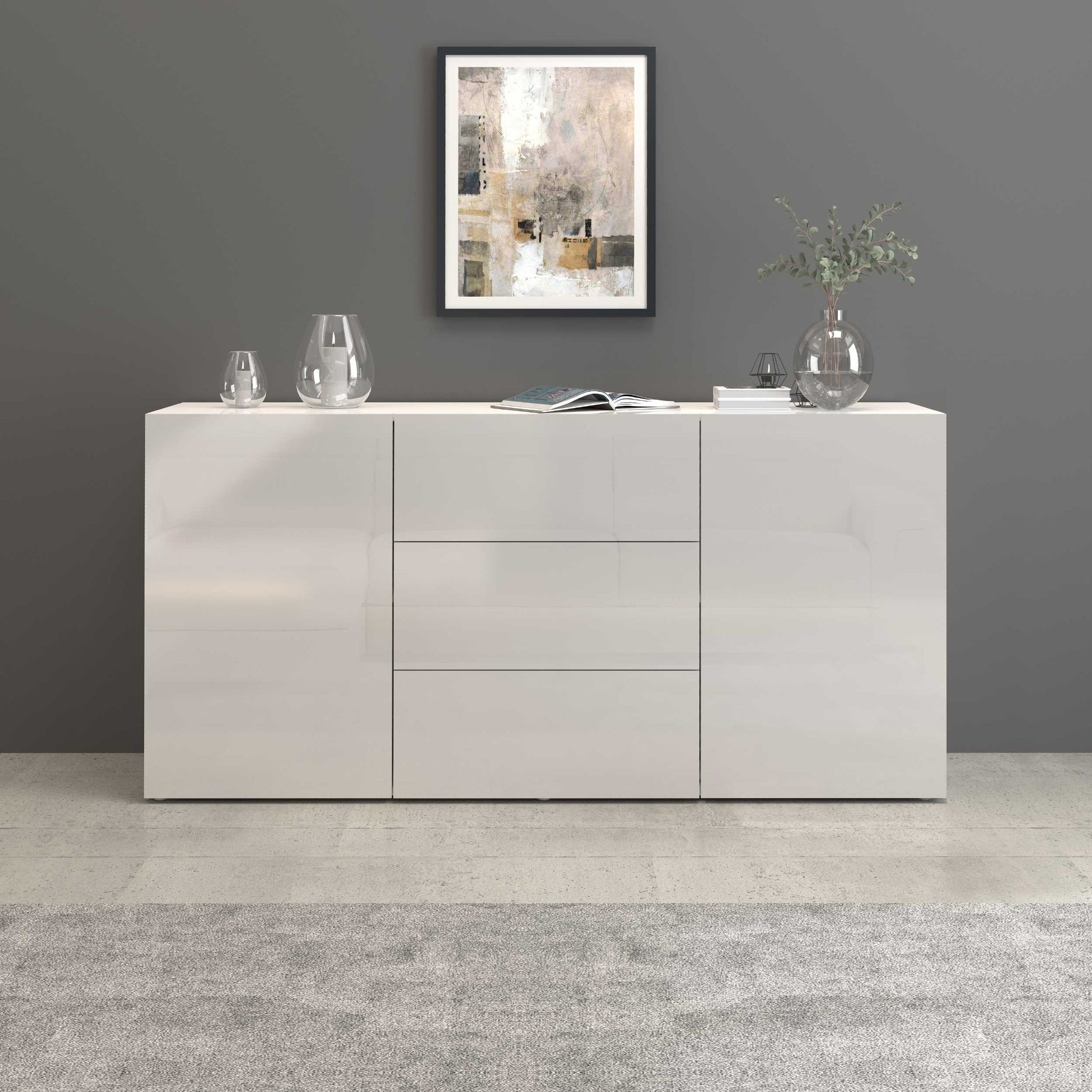 Credenza Egypt a 2 ante e 3 cassetti bianco lucido 160x40x80 cm