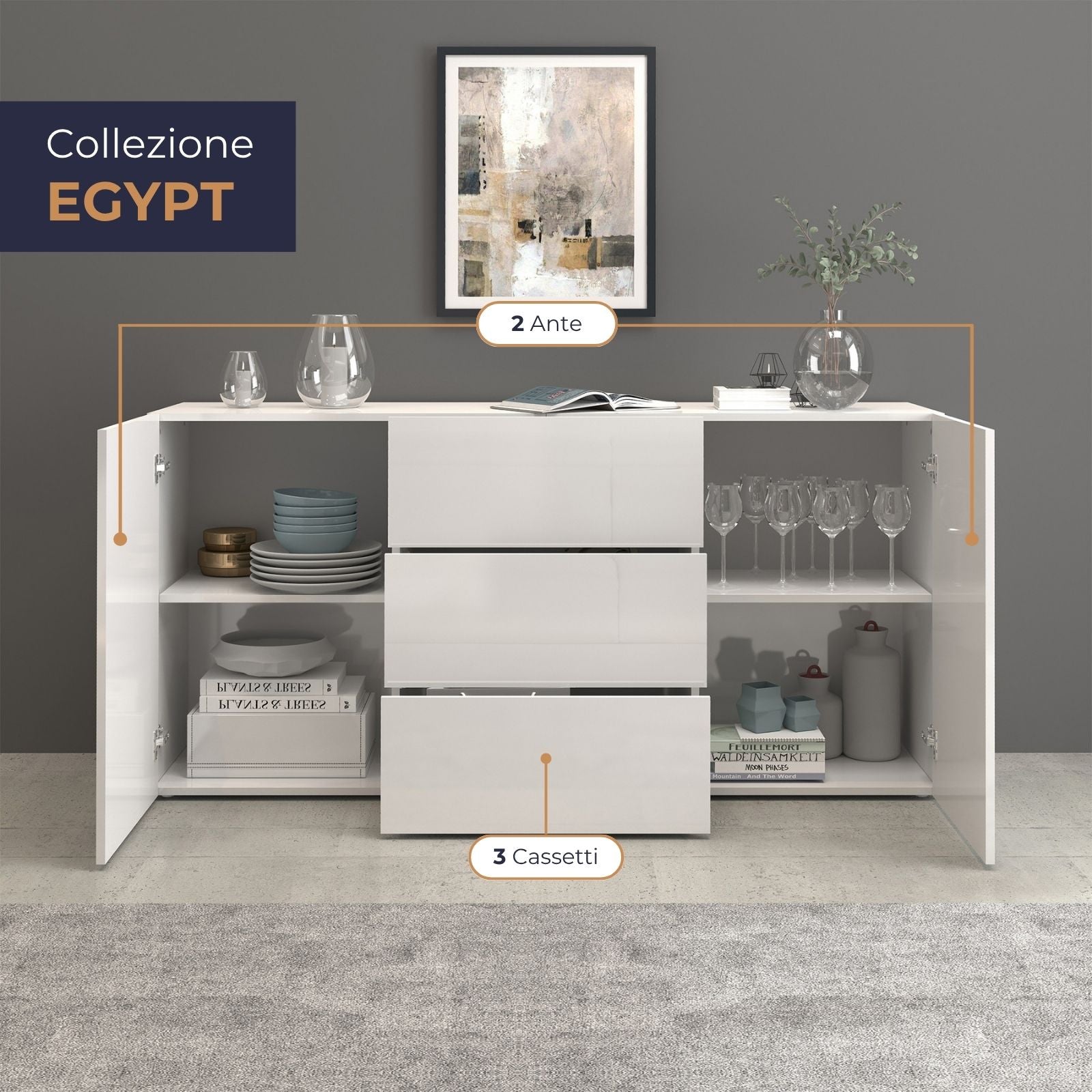 Credenza Egypt a 2 ante e 3 cassetti bianco lucido 160x40x80 cm