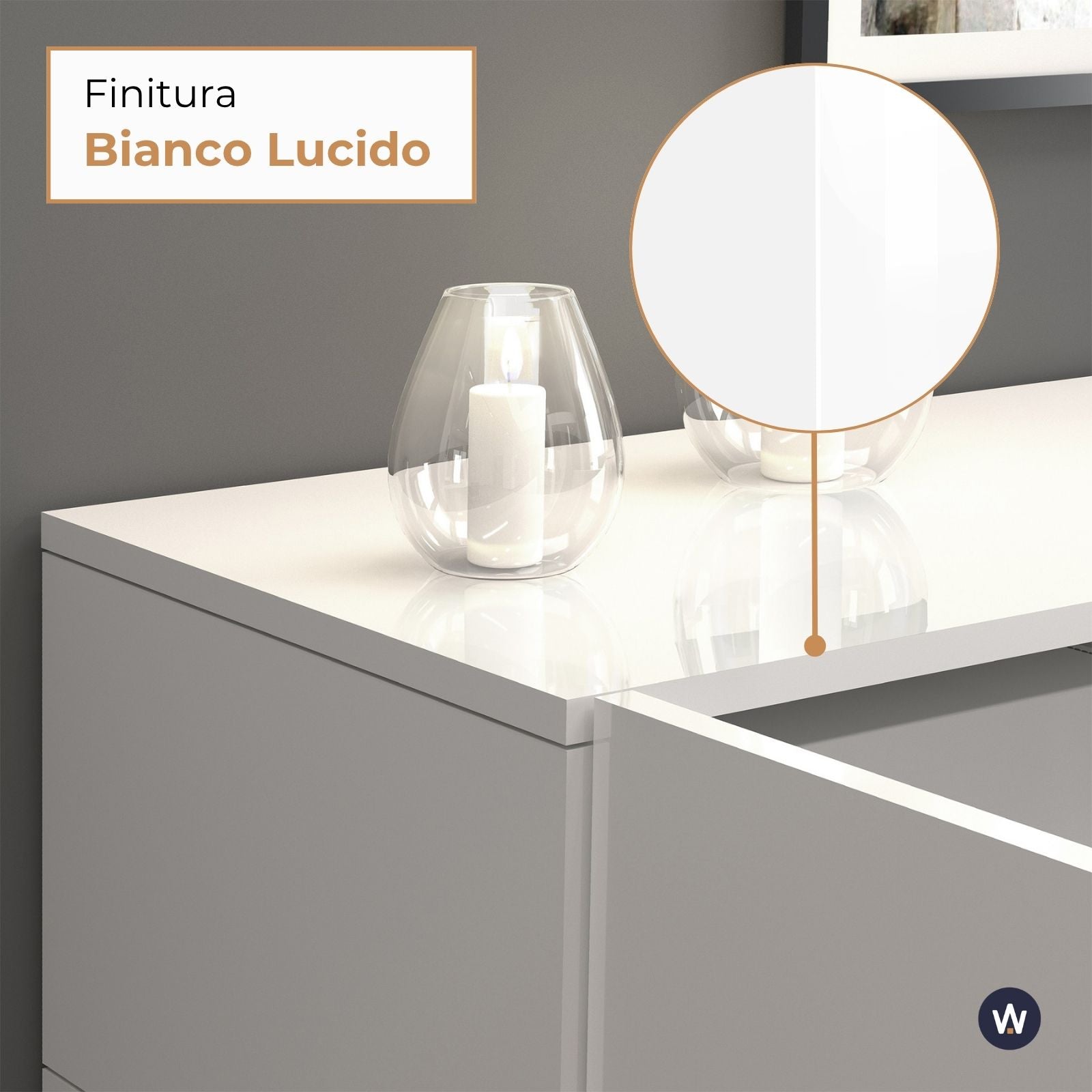 Credenza Egypt a 2 ante e 3 cassetti bianco lucido 160x40x80 cm