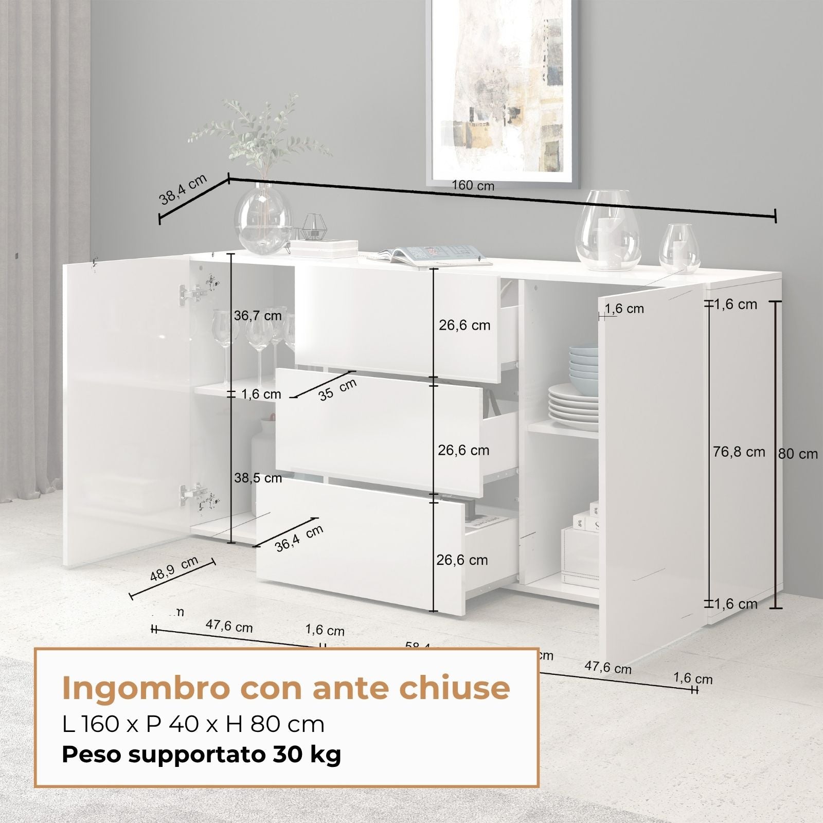 Credenza Egypt a 2 ante e 3 cassetti bianco lucido 160x40x80 cm