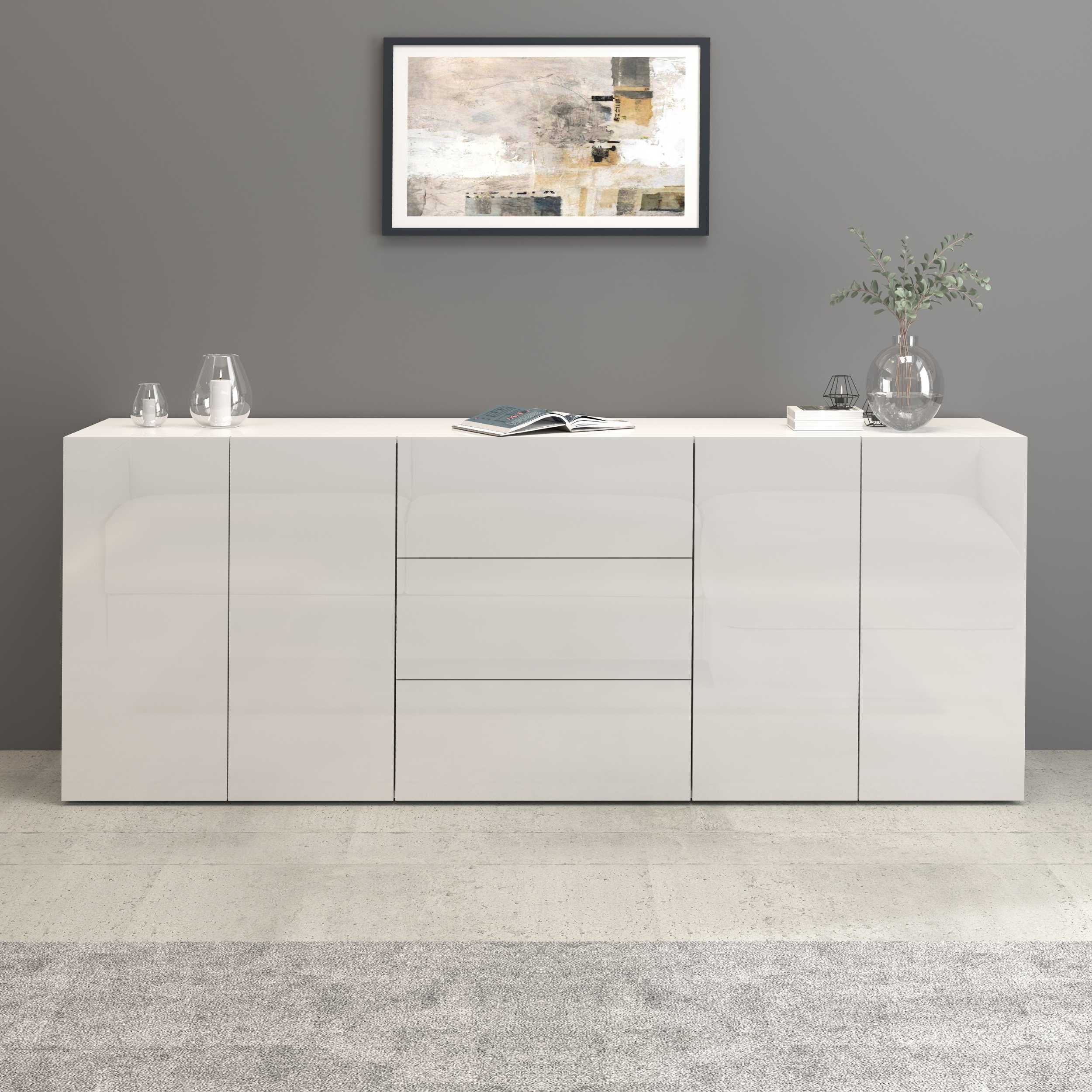 Credenza Egypt a 4 ante e 3 cassetti bianco lucido 200x40x80 cm