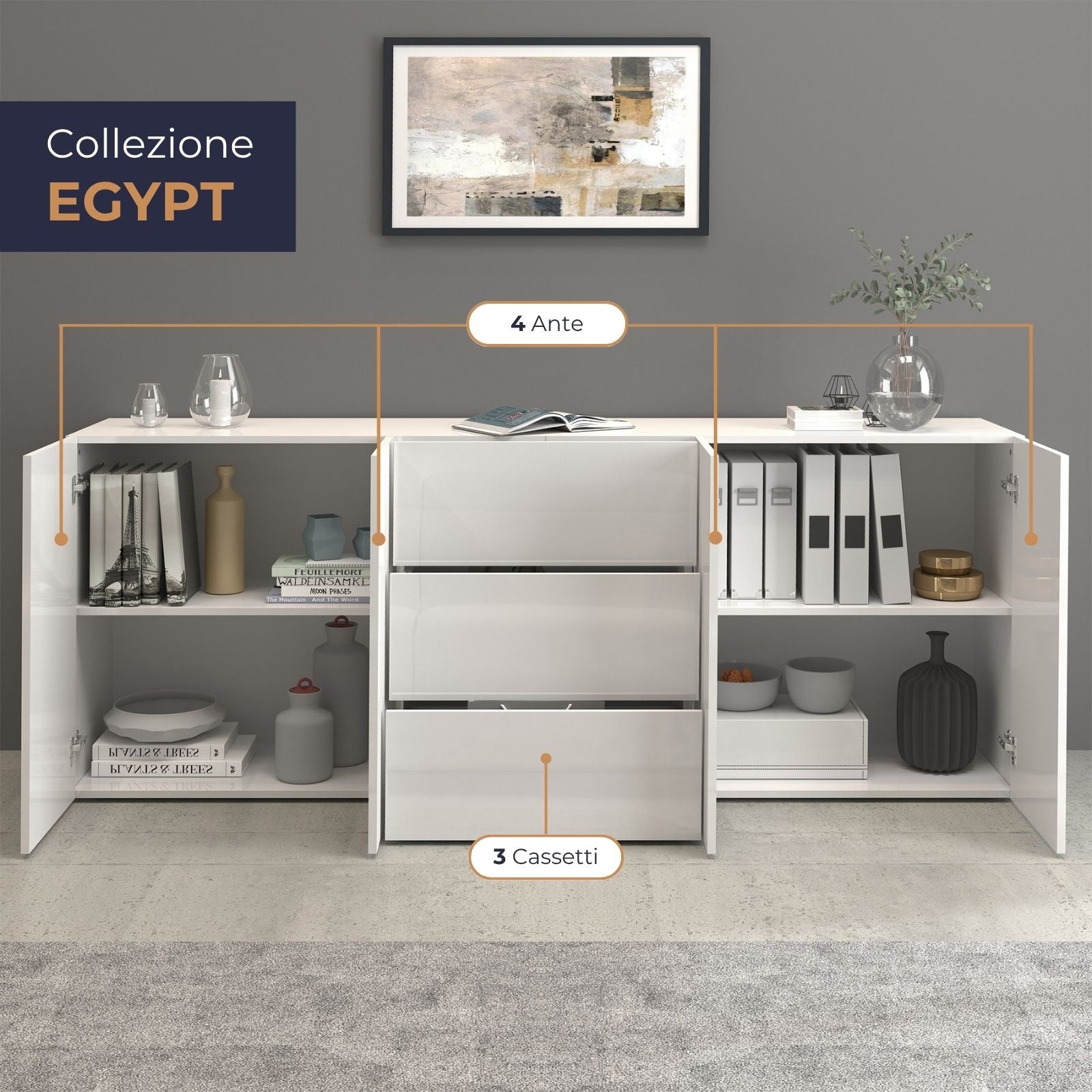 Credenza Egypt a 4 ante e 3 cassetti bianco lucido 200x40x80 cm