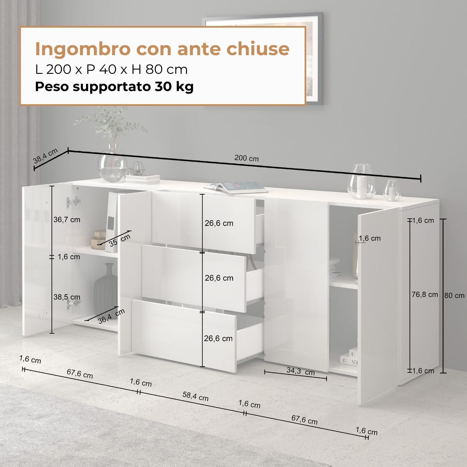 Credenza Egypt a 4 ante e 3 cassetti bianco lucido 200x40x80 cm
