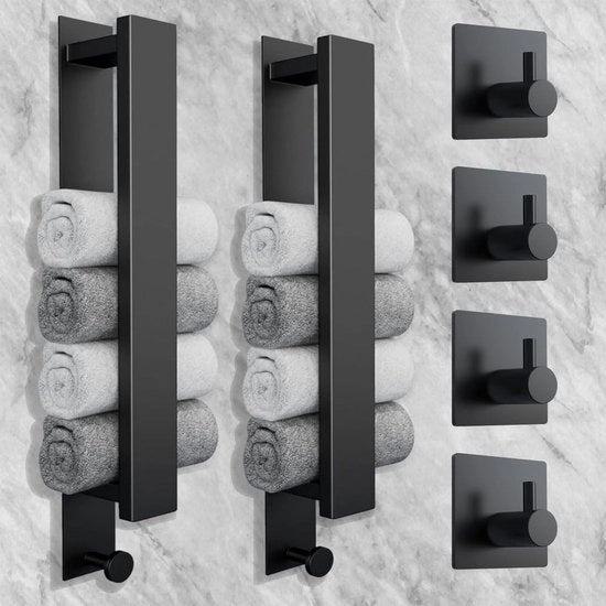 Maniglione per asciugamani senza perforazione, nero, maniglione per ospiti, maniglione per asciugamani da appendere al muro, in acciaio inossidabile, maniglione per asciugamani con 2 ganci, colla, 40 cm