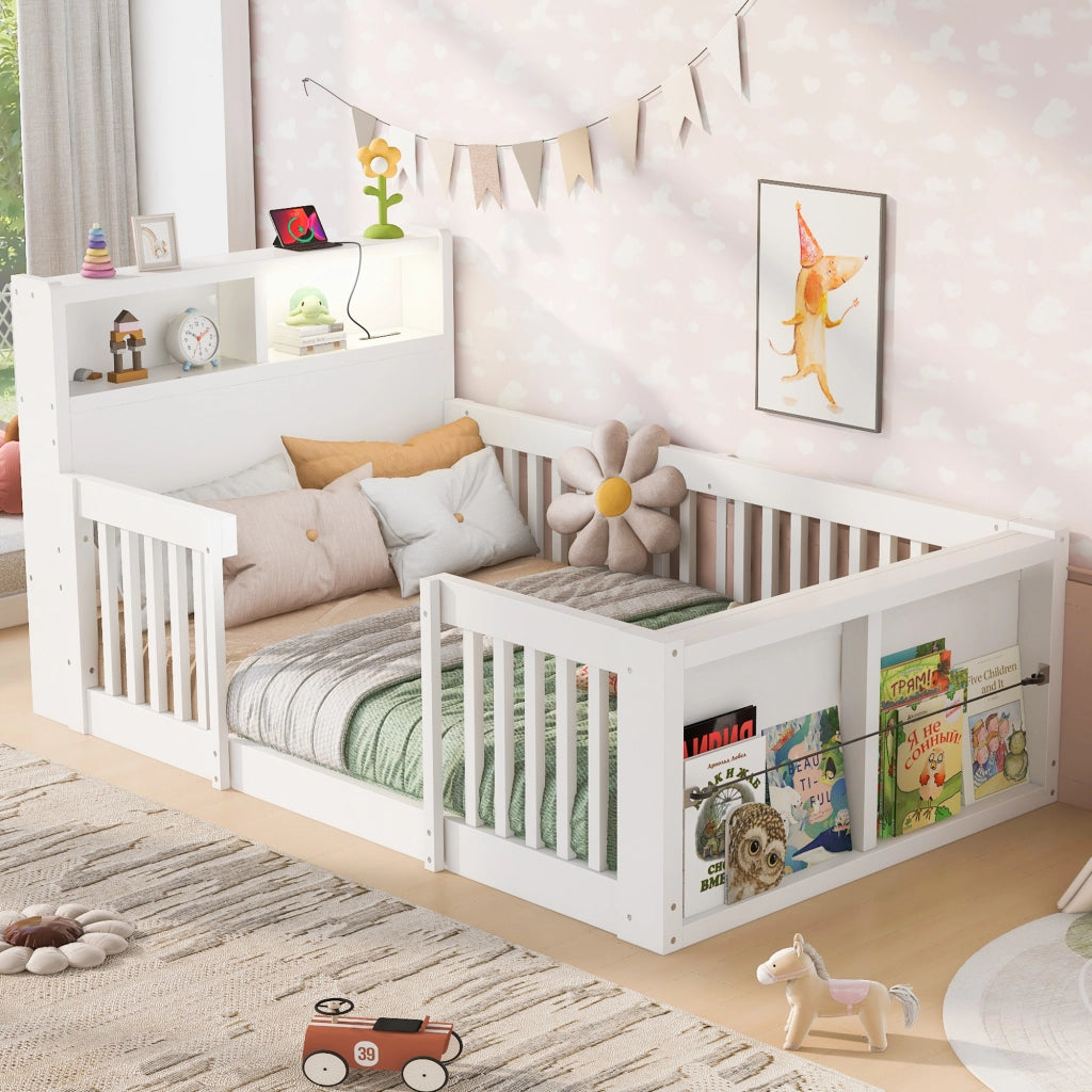 Letto per bambini singolo 90×190 cm con sponde alte; USB; luce notturna e vano; senza materasso; bianco