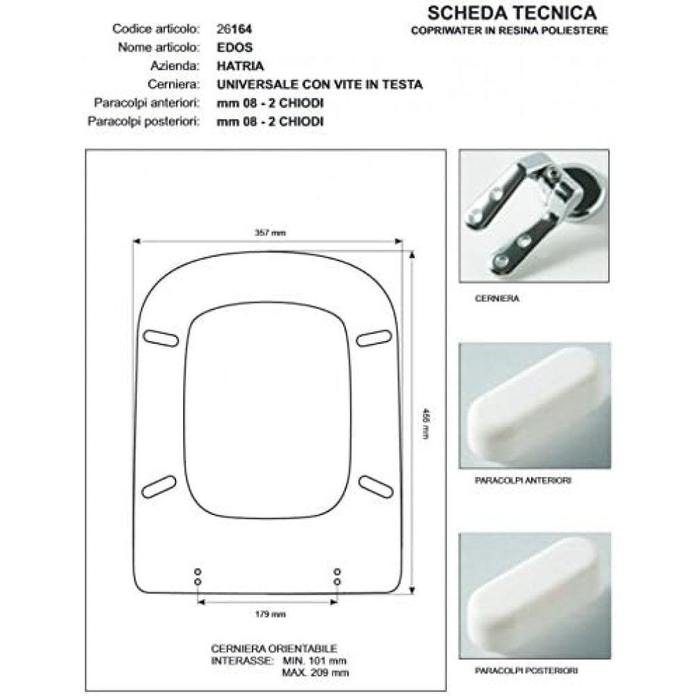 Copriwater hatria edos bianco cerniera cromo-sedile-asse wc