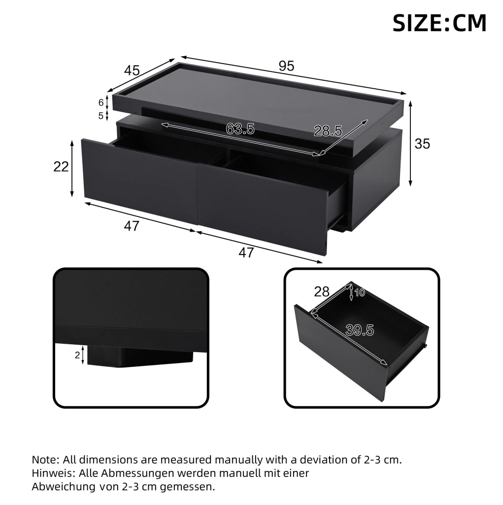 Tavolino da caffè LED nero lucido con 2 cassetti 95x45x35 cm