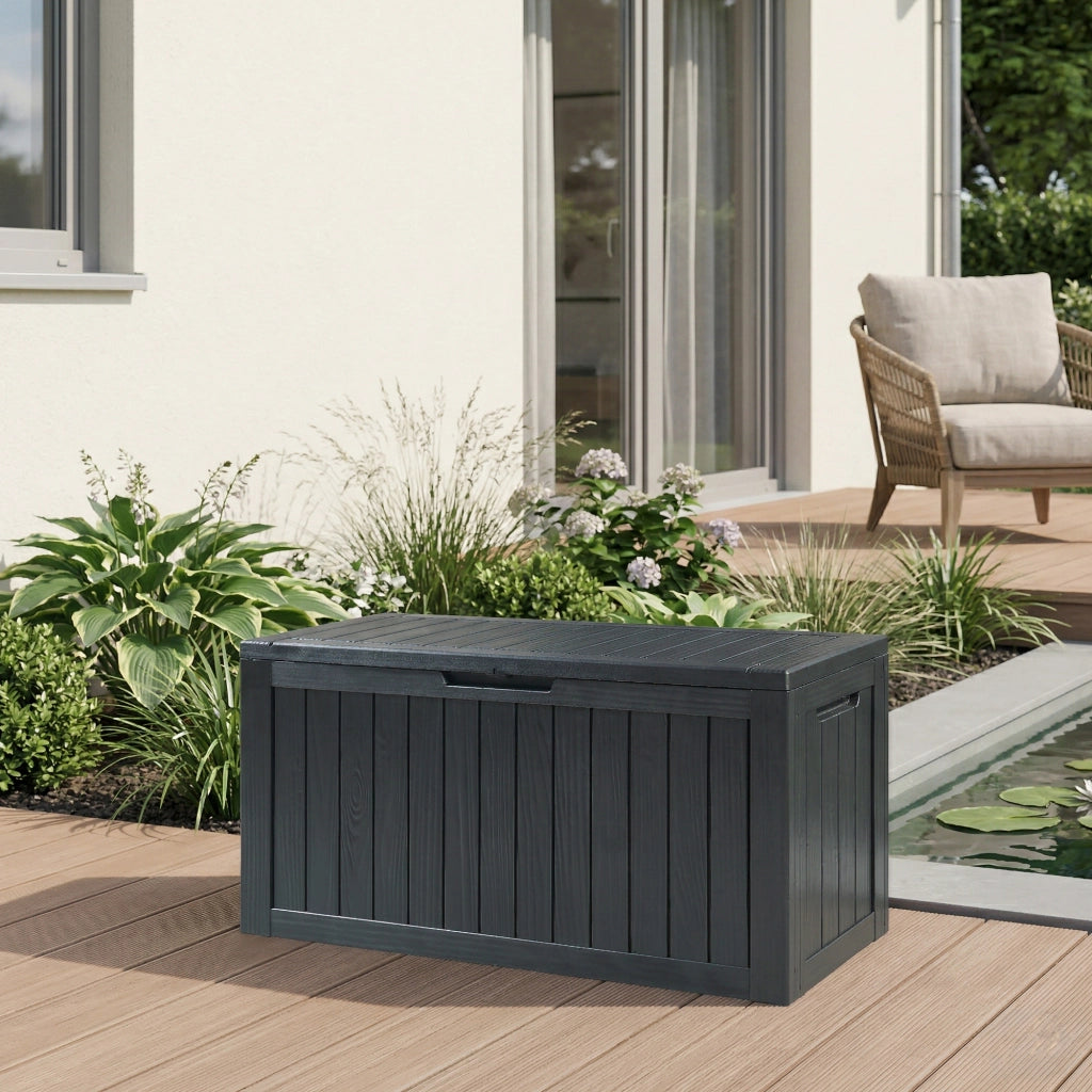 Baule da Giardino Vades Contenitore Multiuso 117 x 47 x 59 cm - Nero, Effetto Legno casa.pro
