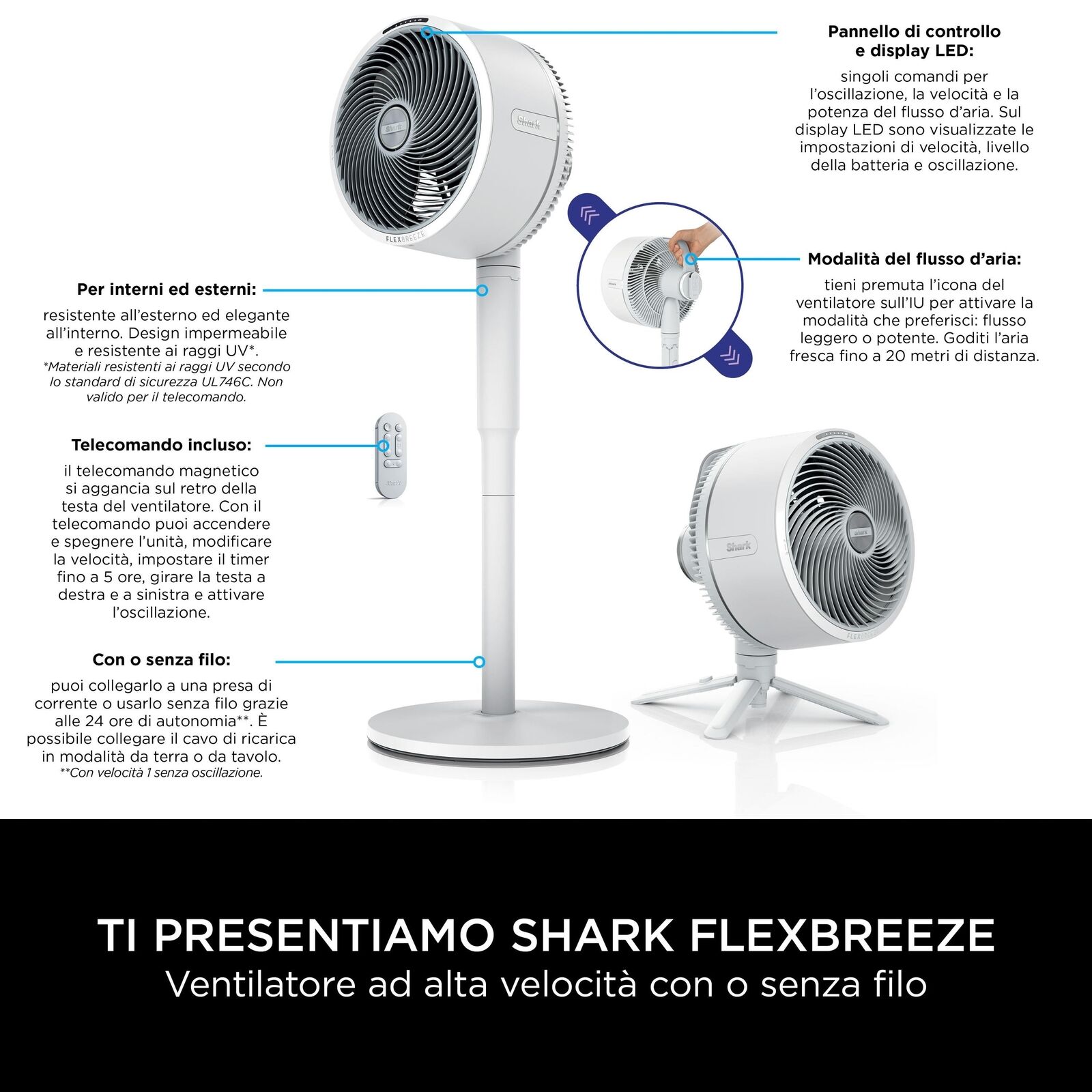 Shark Ventilatore con e senza filo FlexBreeze per interni ed esterni FA220EU