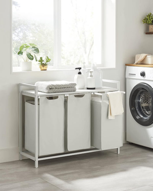 Cesto portabiancheria Valora bianco a 3 scomparti con piano in MDF stile loft