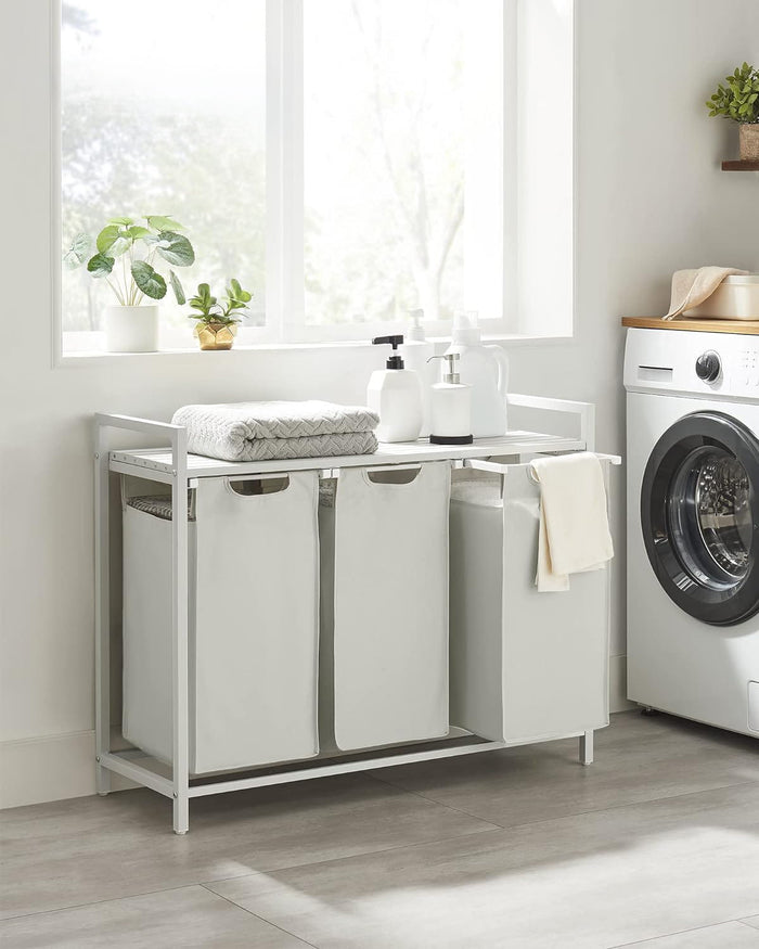 Cesto portabiancheria Valora bianco a 3 scomparti con piano in MDF stile loft