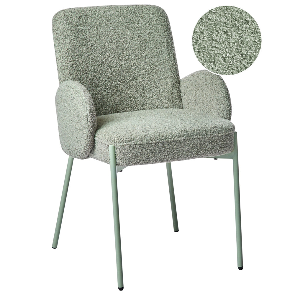 Sedia da sala da pranzo Rivestimento bouclé verde chiaro Base leggera Struttura in ferro Design retrò
