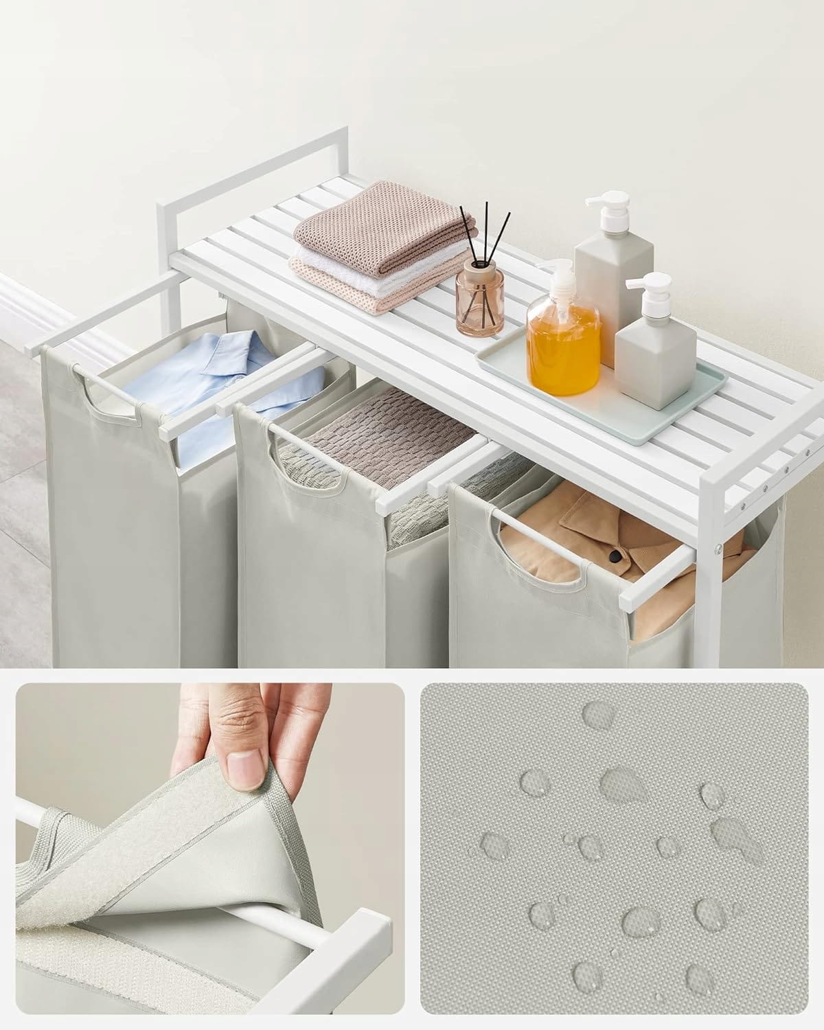 Cesto portabiancheria Valora bianco a 3 scomparti con piano in MDF stile loft