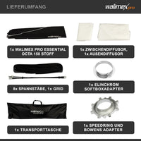 Essential Softbox Octagon 150cm + adattatore softbox per Elinchrom (diametro esterno: 15,2 cm), ruotabile a 360°, facile da montare, con griglia