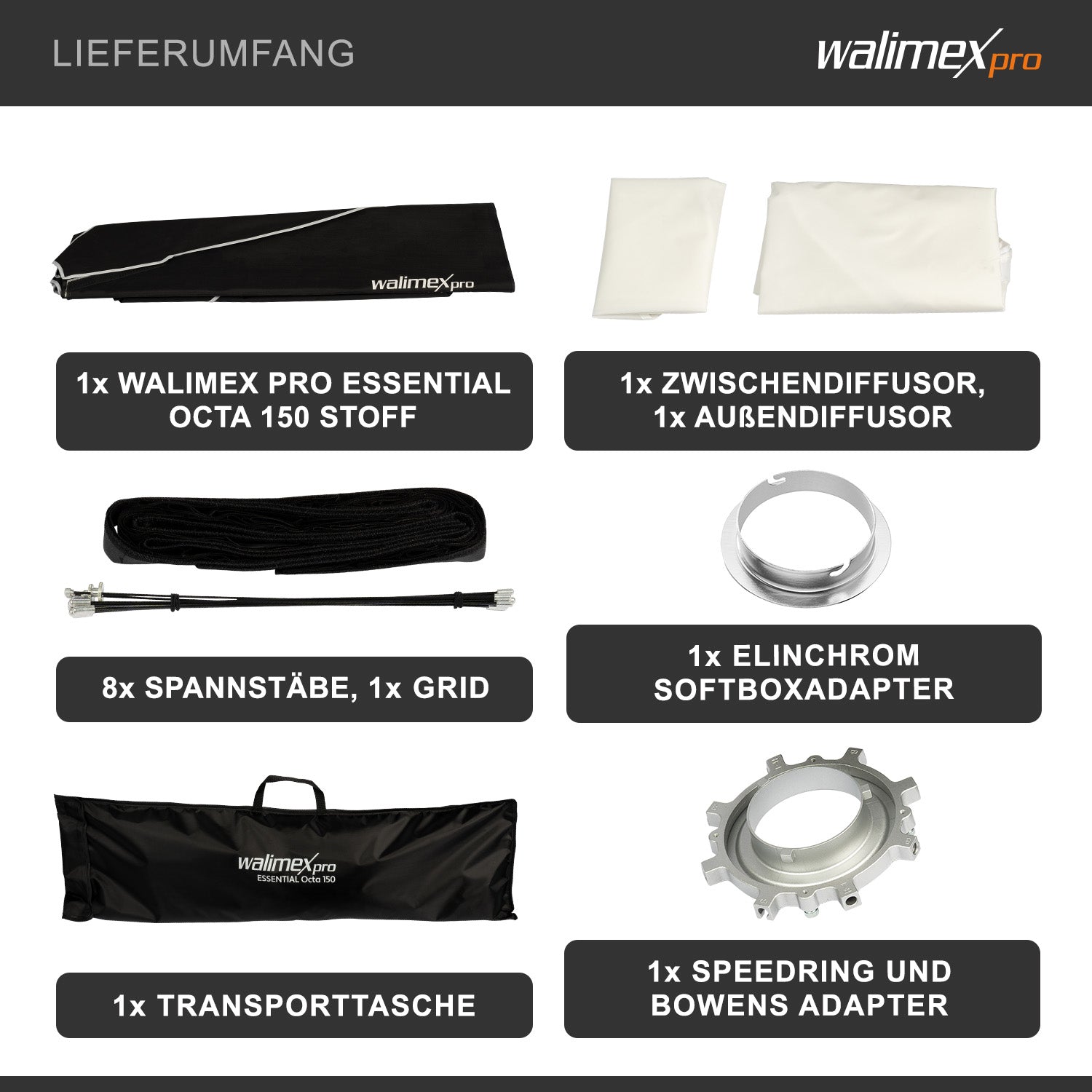 Essential Softbox Octagon 150cm + adattatore softbox per Elinchrom (diametro esterno: 15,2 cm), ruotabile a 360°, facile da montare, con griglia