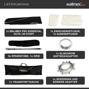 Essential Softbox Octagon 150cm + adattatore softbox per Elinchrom (diametro esterno: 15,2 cm), ruotabile a 360°, facile da montare, con griglia