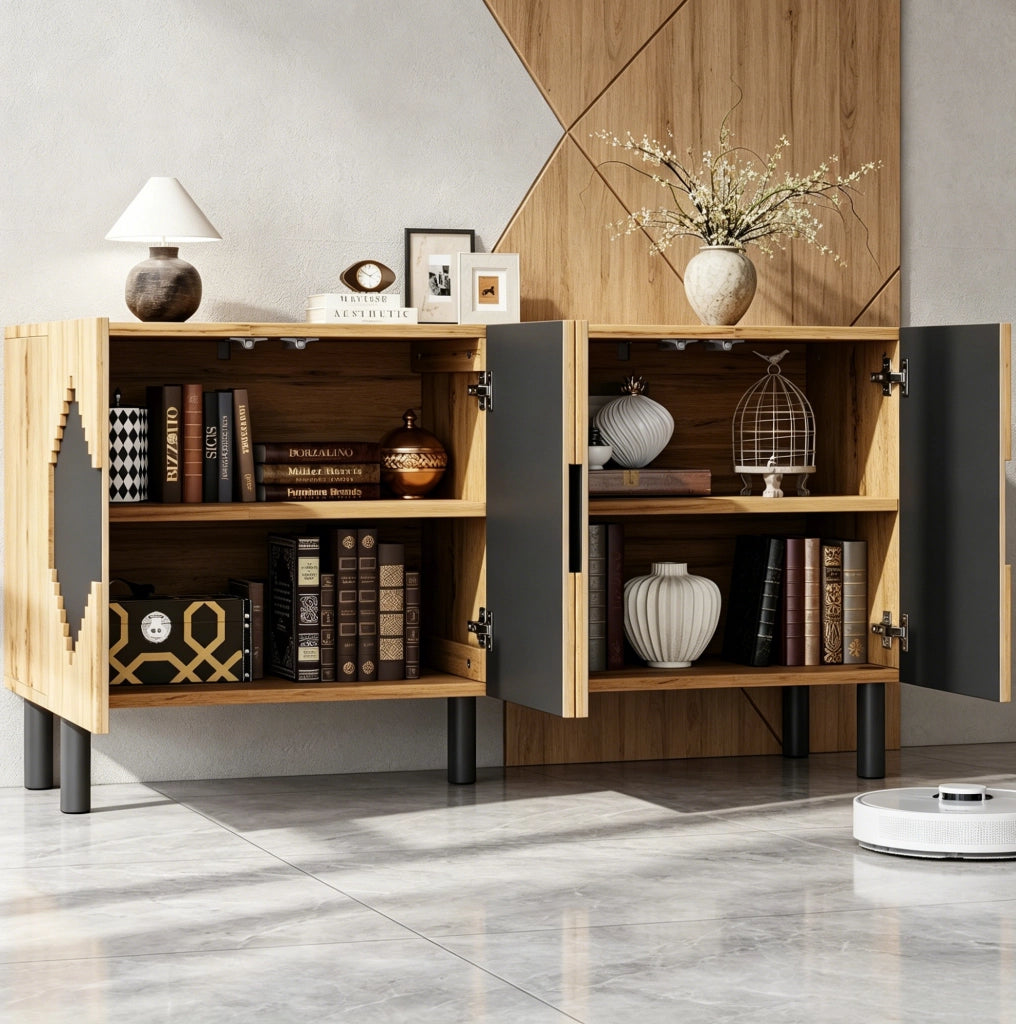 Credenza contenitore con ante a pressione e motivo geometrico