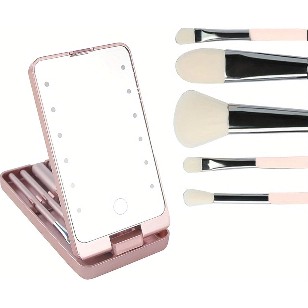 Trade Shop - Specchio Per Trucco Portatile Con Set Pennelli Rotazione 360° Luci Led Ricaricabile Touch -