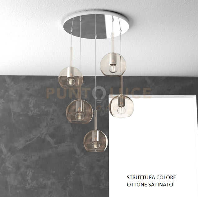 SOSP. OTTONE SAT. TONDA 5 LUCI VETRI TUTTI PICCOLO AMBRA 1155OS-S5 TP-AM