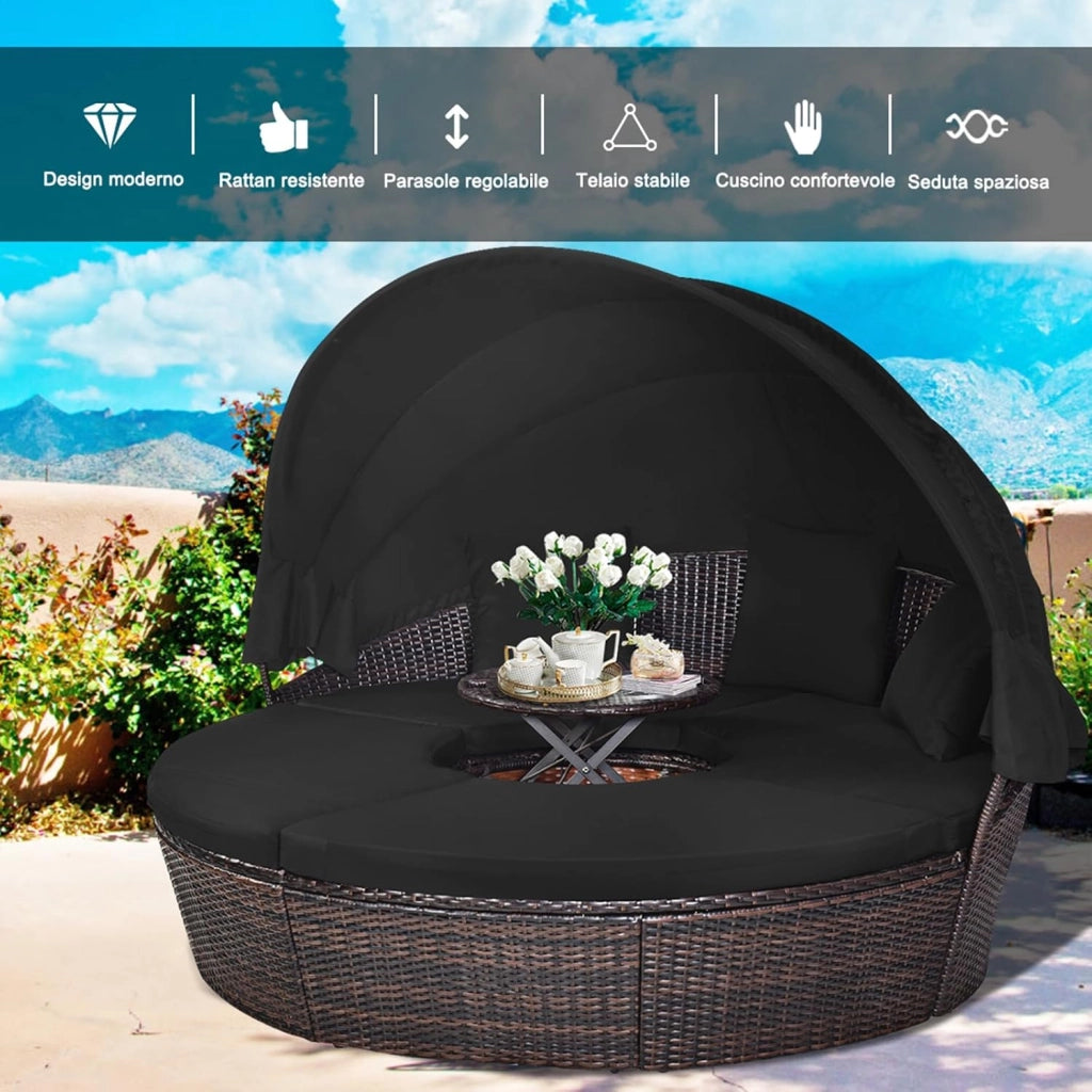 Letto Isola da Giardino, Divano Prendisole con Tettuccio Retrattile, con Sedili Cuscini Impermeabili Sfoderabili, Tavolino Regolabile in Altezza (Nero)