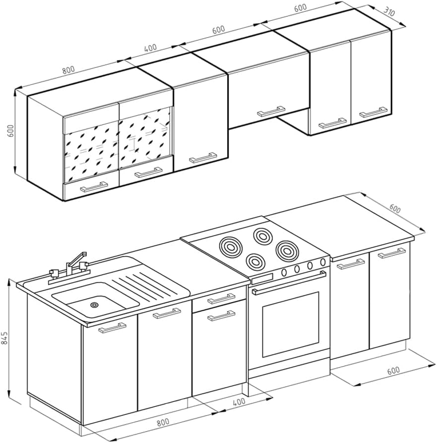 Mobile da cucina Raul, Sonoma/Bianco, 240 cm, PL Marmo con striscia LED, combinabile in modo flessibile con elementi modulari