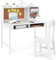 Set Scrivania e Sedia per Bambini, Tavolo per Studenti in Legno con Bacheca in Sughero, Cassetto, Pensile con Ripiani Aperti, Postazione Computer per Bambini per Studio e Lettura (Bianco)