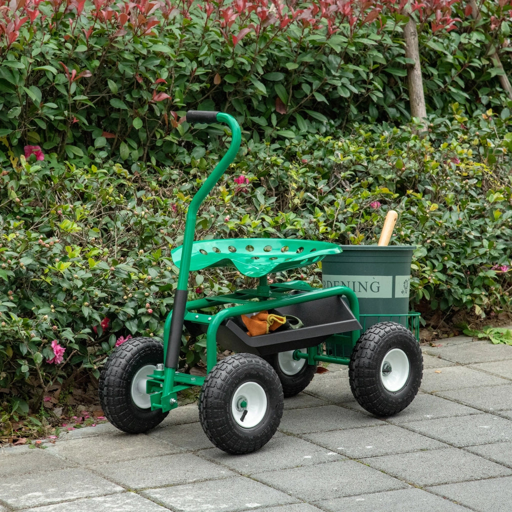 Sgabello da giardino girevole e regolabile in altezza ¨C zephmum ¨C Verde, metallo, con ruote e ripiano