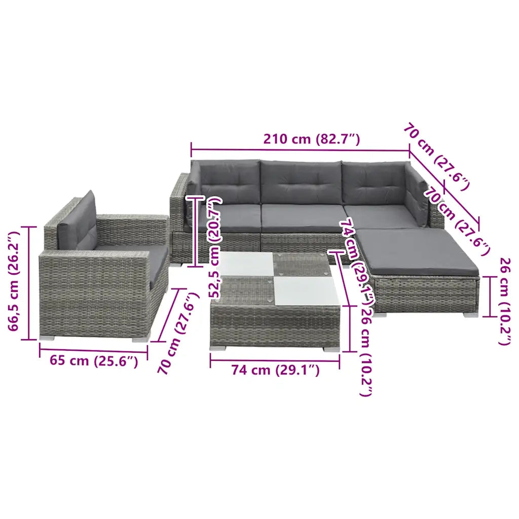 Set Divani da Giardino 6 pz con Cuscini in Polyrattan Grigio cod mxl 35705
