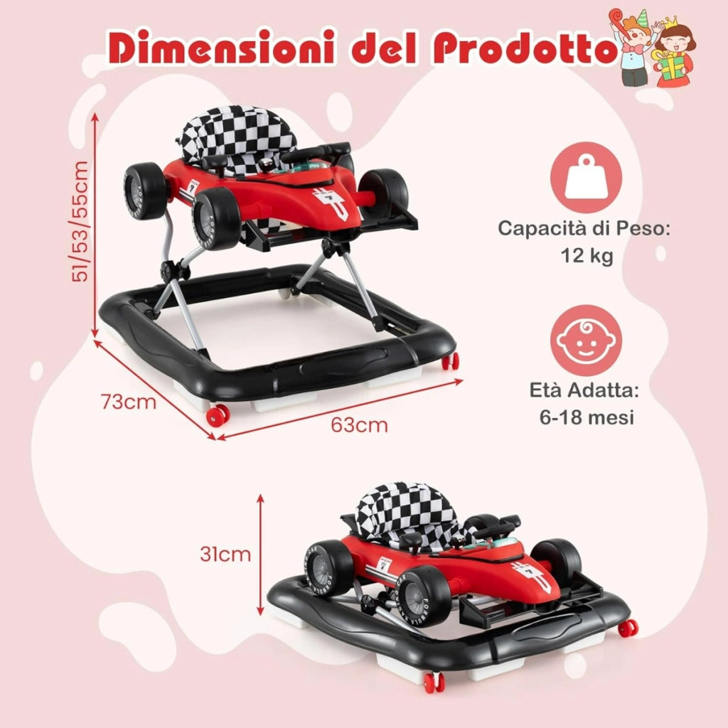 Passeggino 4-in-1 per bambini volante imbottito e scatola musicale, Centro attivit¨¤ con altezza regolabile a 3 livelli, Rosso-Passeggini per bimbi