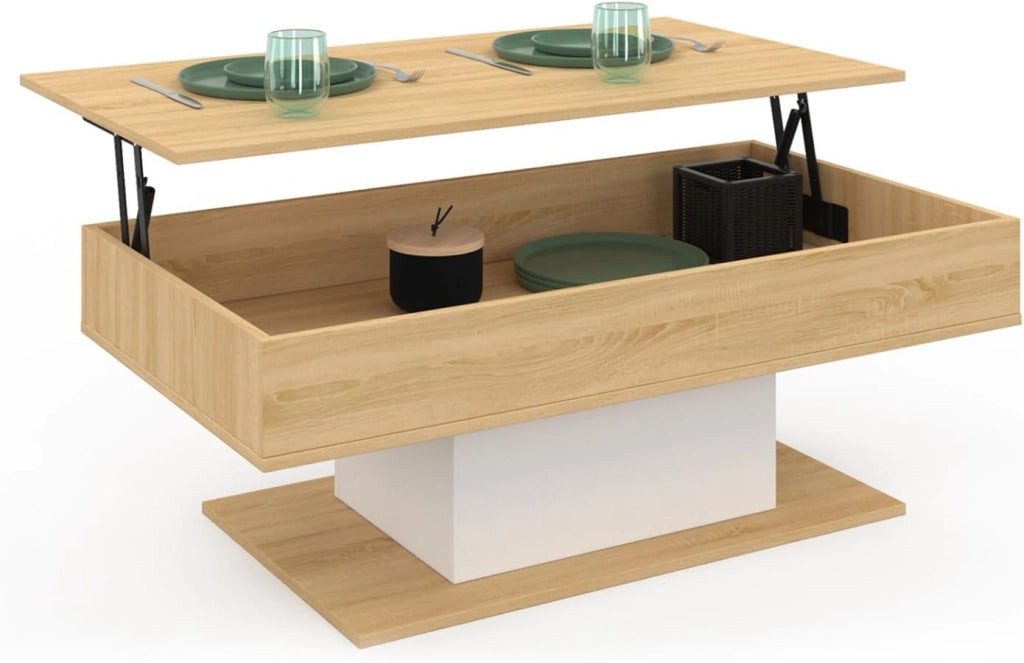 IDMarket - Tavolino rettangolare alzabile EDEN in legno e bianco