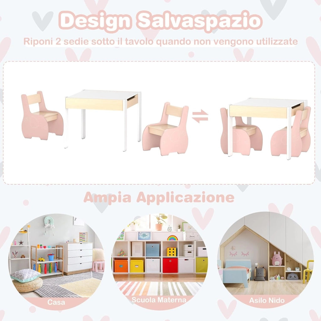 3 in 1 Set Tavolo e Sedie per Bambini, Tavolo da Attività per Bambini con 2 Sedie, Lavagna Rimovibile e Deposito, per Giocare, Disegnare e Leggere, in Legno (Rosa)