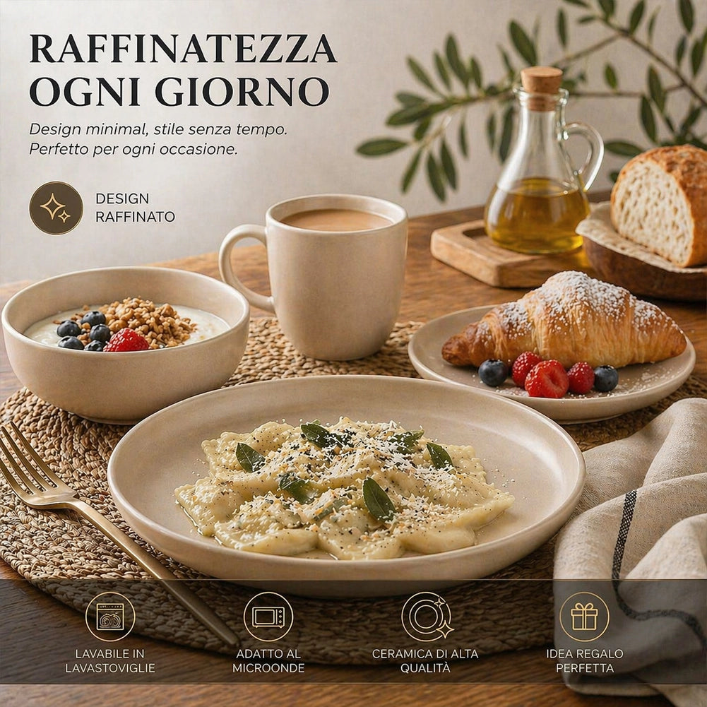 Servizio Piatti 16 Pezzi Design Moderno per 4 Persone in Gres Smaltato Sabbia
