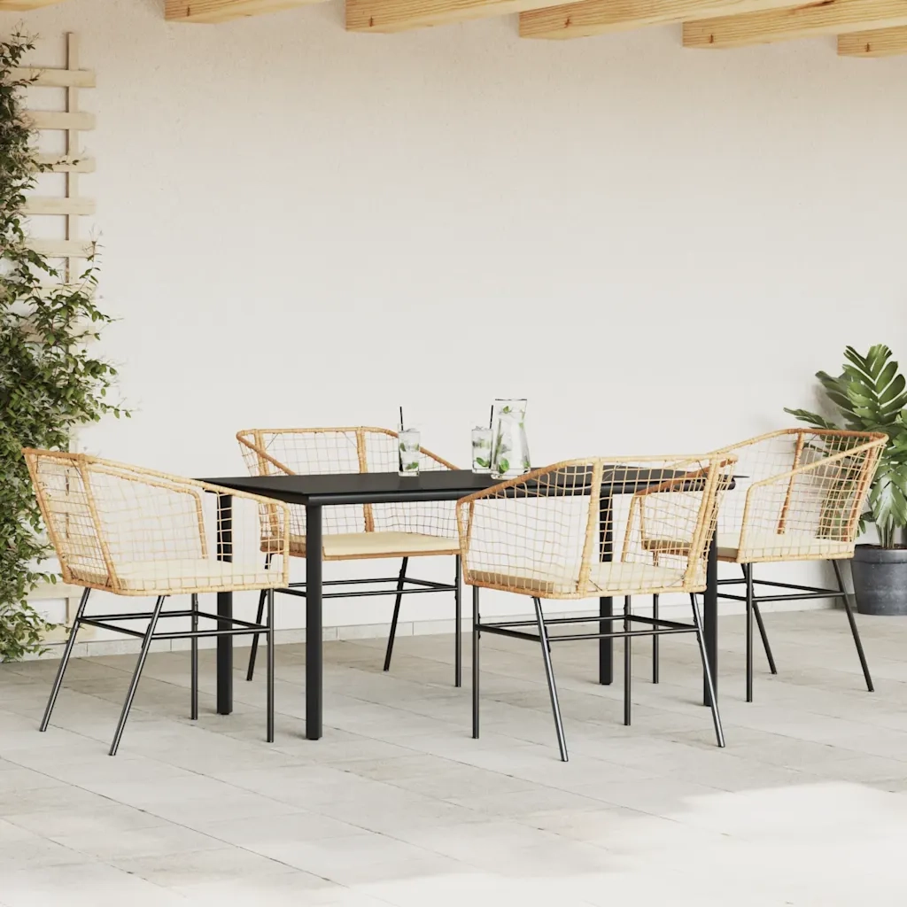 Set da Pranzo da Giardino 5pz con Cuscini Polyrattan Vetro
