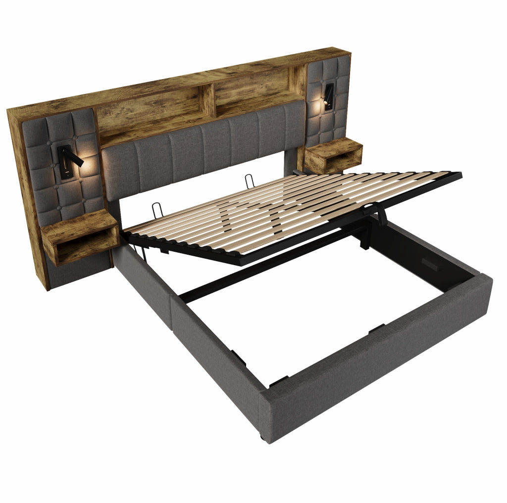 Letto matrimoniale 160x200 cm in lino grigio con contenitore; lampade da lettura e prese USB Type-C