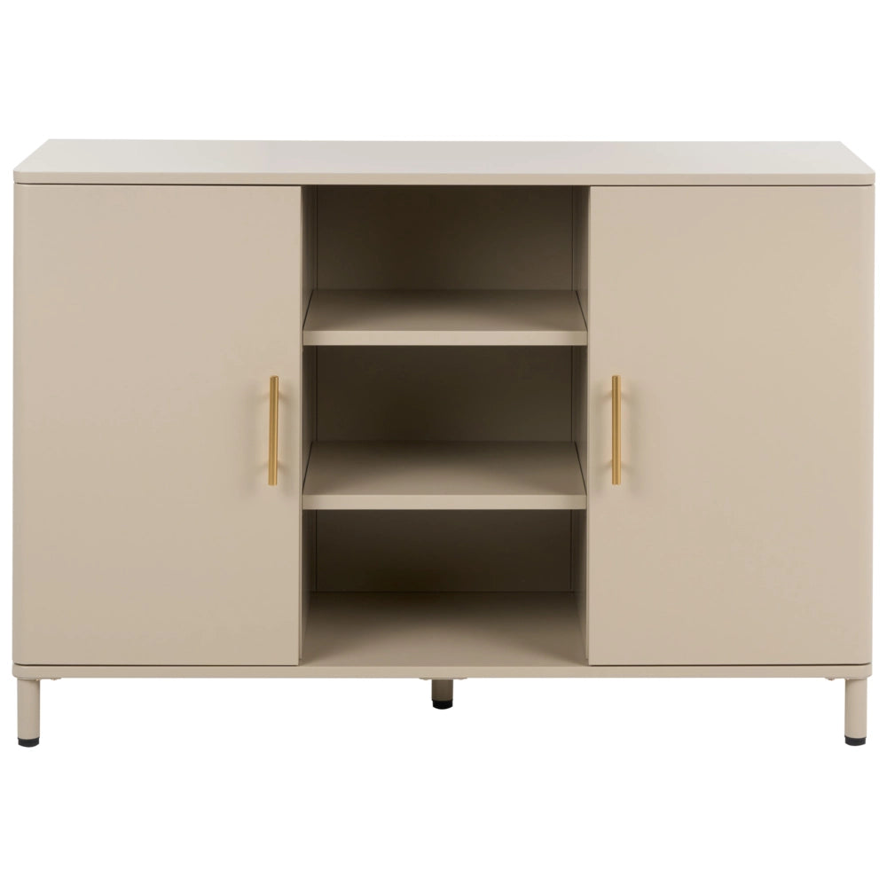 Credenza in acciaio color beige a 2 ante con ripiani aperti, angoli arrotondati e maniglie dorate