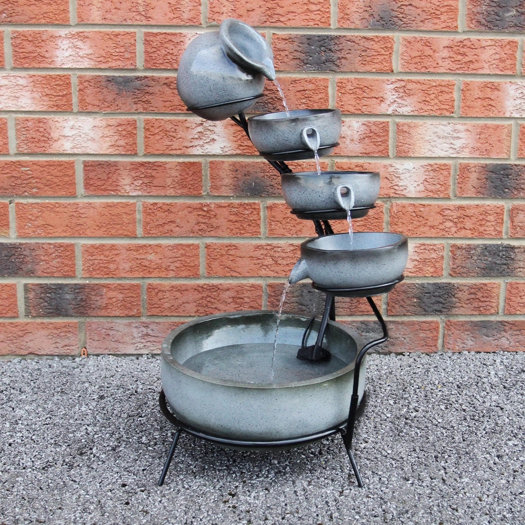 Fontana Solare a Cascata da Giardino con Batteria di Supporto da 6 Ore Fontanella con Pannello Solare e Picchetto Fontanella a Vasi Fontana con Ciotole - Grigio