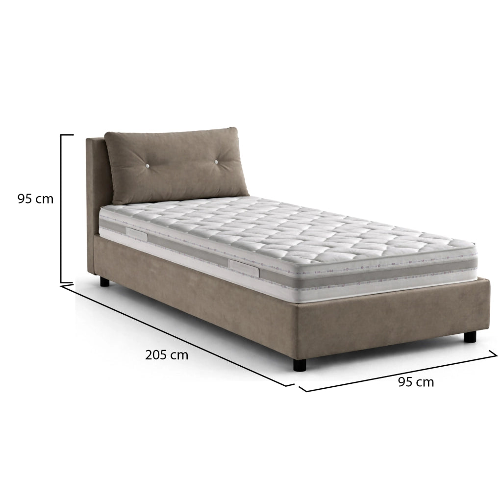Letto singolo Sabazia, Letto contenitore con rivestimento in tessuto, Made in Italy, Apertura frontale, con materasso cm 80x190 incluso, Tortora