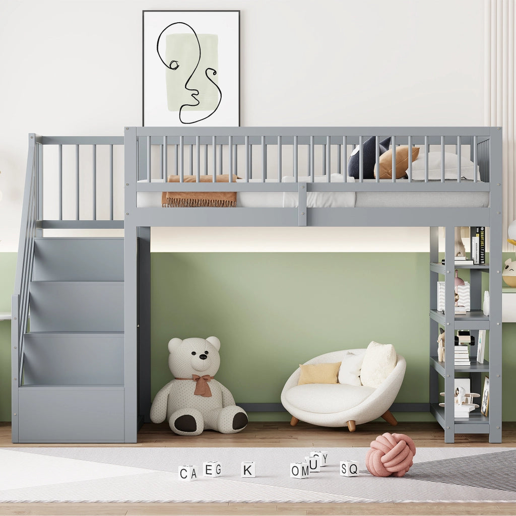 Letto a Soppalco 90 x 200 cm; Singolo con Armadio; Scaffali e Vani Contenitore; senza Materasso; Grigio