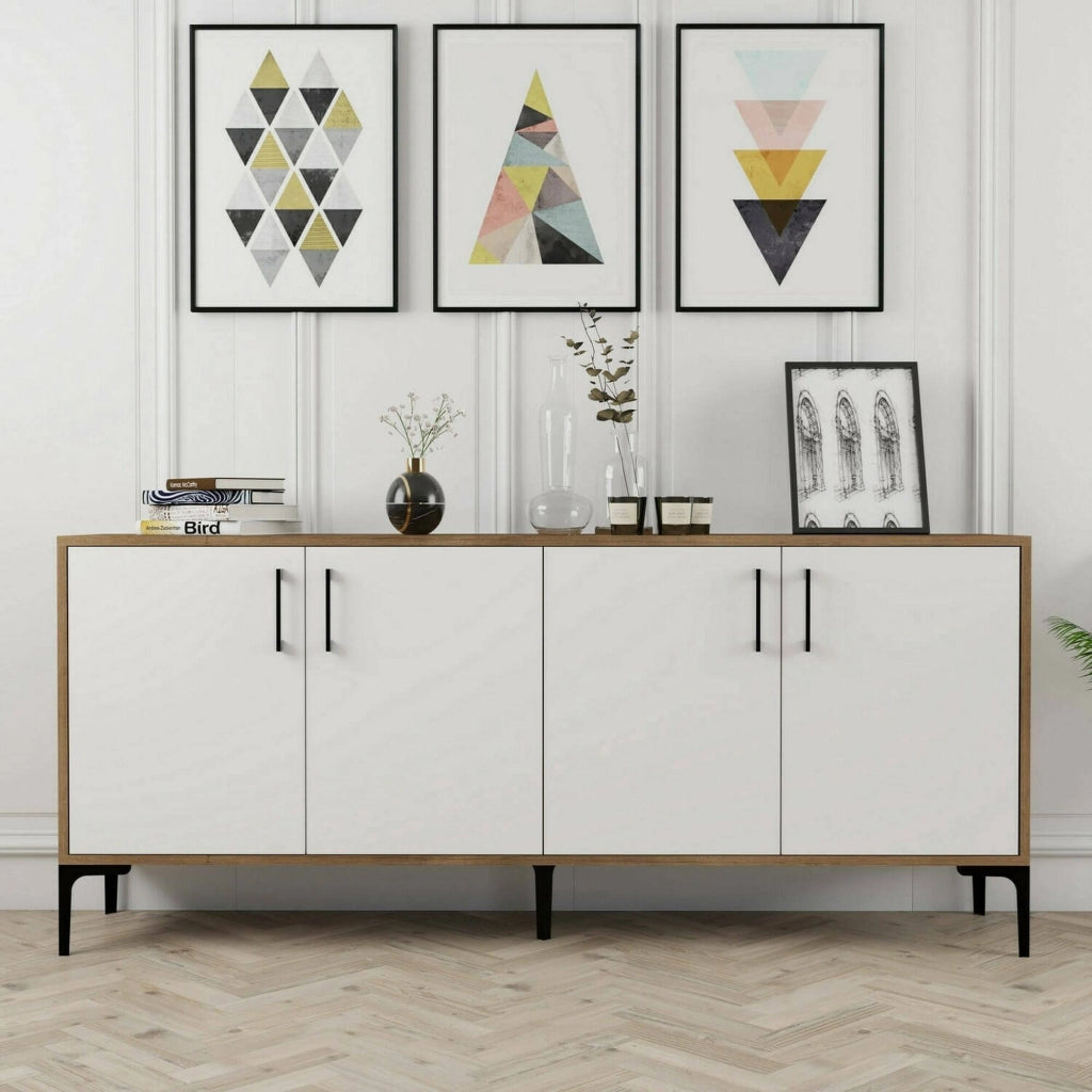Credenza Agape, Buffet da soggiorno, Madia da salotto, Dispensa da cucina, 180x35h78 cm, Noce e Bianco