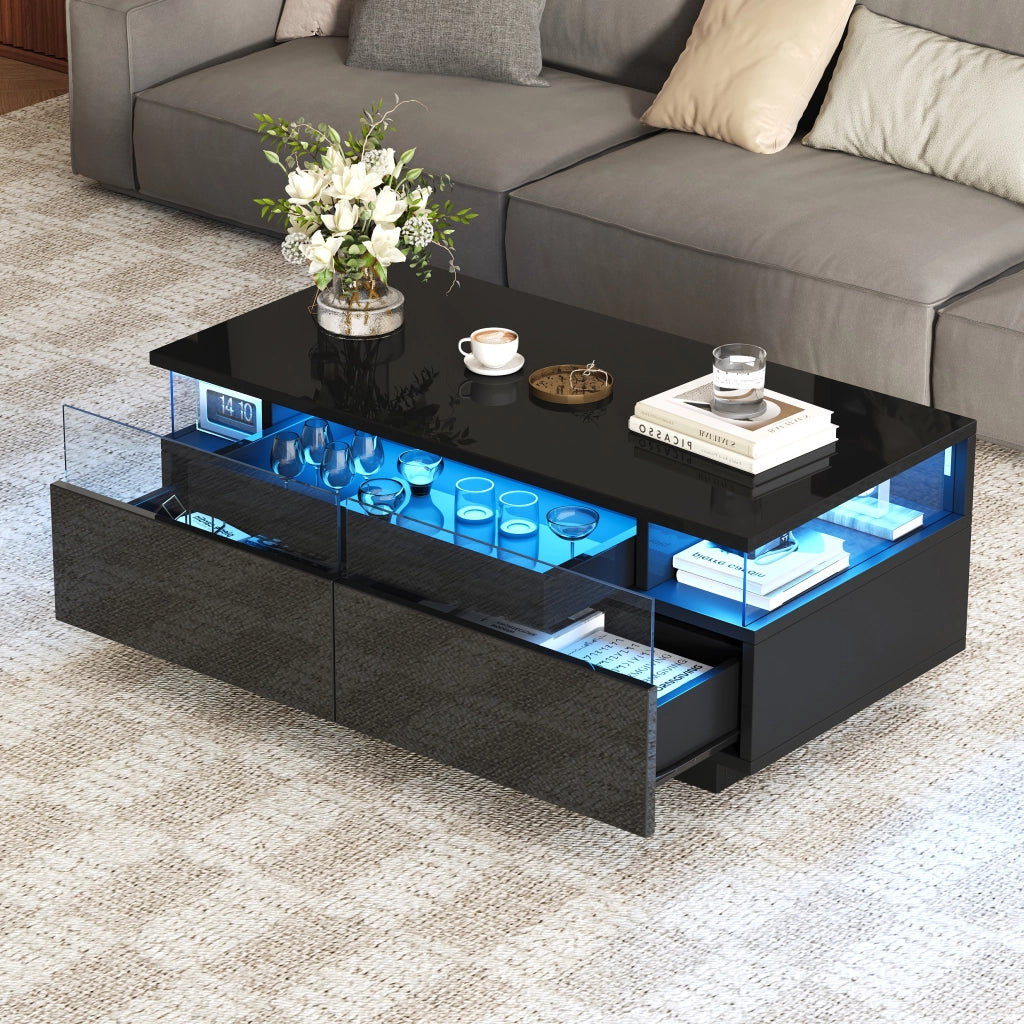 TAVOLINO DA SALOTTO 90 x 45 x 35,5 cm Nero lucido con LED