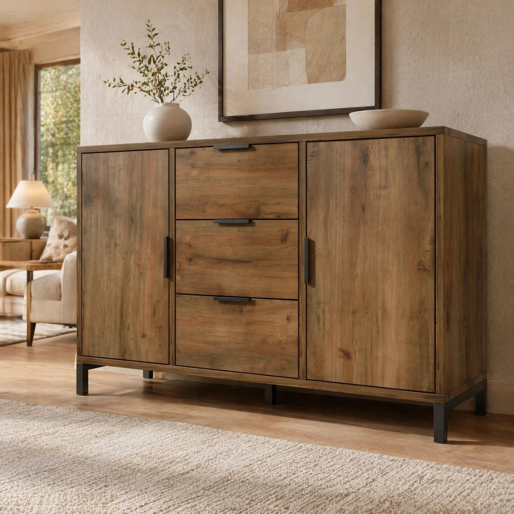 Credenza con 2 ante e 3 cassetti con ripiano regolabile, effetto rovere scuro e maniglie nere 120 × 40 × 76 cm