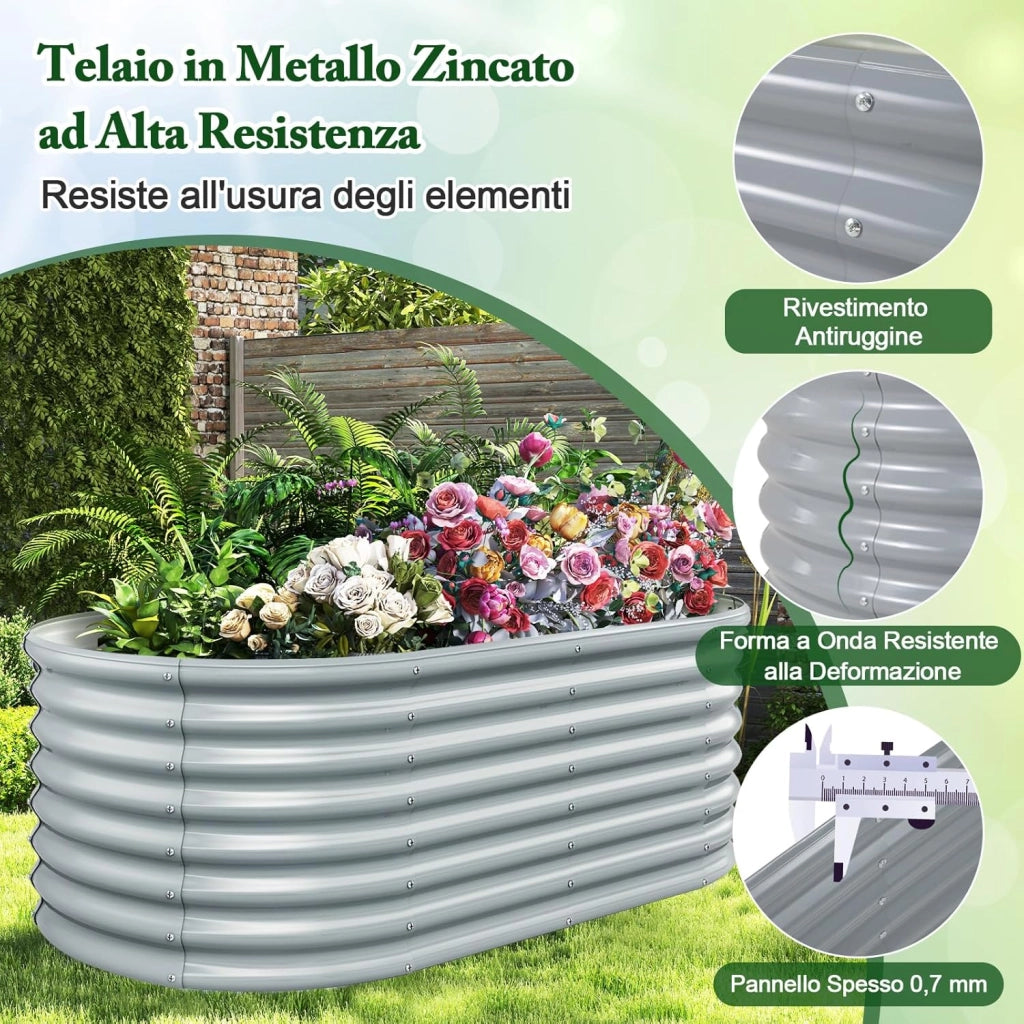 Letto da Esterno Rialzato in Metallo, Aiuola Rialzata in Ovale con Design a Fondo Aperto, Protettori d'Angolo Rinforzati, Orto Rialzato da Esterno per Verdure, Fiori, Erbe Aromatiche (Grigio)