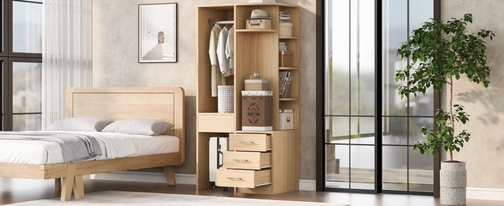 Scaffale guardaroba moderno con appendiabiti ripiani a più livelli e cassetti in MDF color legno 70 × 55 × 175 cm