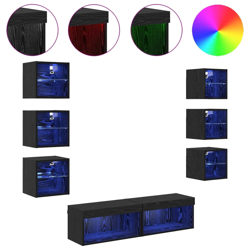 Mobile TV con luci a strisce a LED 8 pz | Armadietto TV | Mobile Porta TV Rovere Nero Vetro