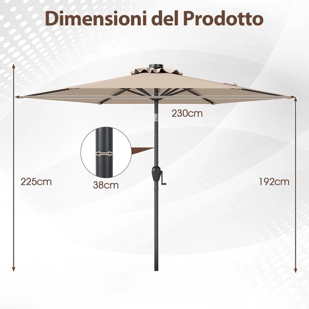 Ombrellone da Giardino 230 cm, Ombrello per Esterni con inclinazione Regolabile, 18 Luci LED, Manovella e Tettuccio Ventilato, Ombrello per Giardino, Cortile, Piscina (Marrone)