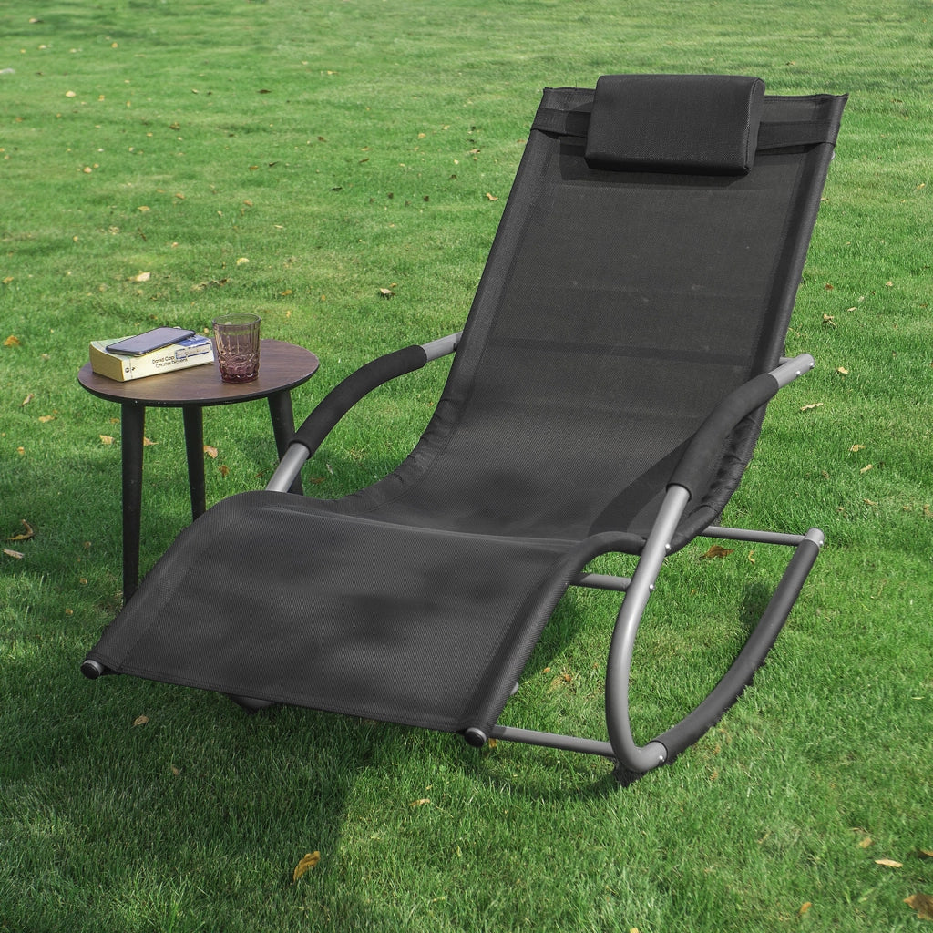 SoBuy Lettino Sdraio da Giardino a Dondolo - Sedia a Dondolo da Esterno in Textilene Nero con Telaio in Metallo, 150x63x87cm, Lettino Prendisole per Terrazza, Piscina, Patio, OGS28-SCH