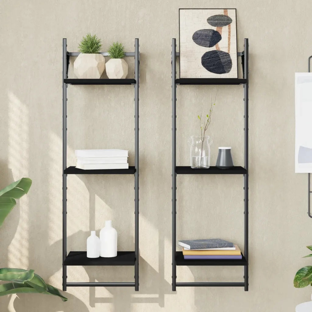 2 pz Mensole a Muro | Scaffale Parete | Ripiano a parete con Aste 3 Livelli Nere 30x25x100 cm